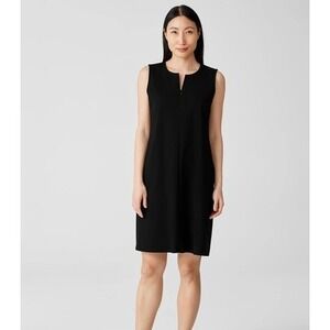 Eileen Fisher Cotton Ponte Zip-Up Dress Womens L Black Shift Pockets Sleeveless